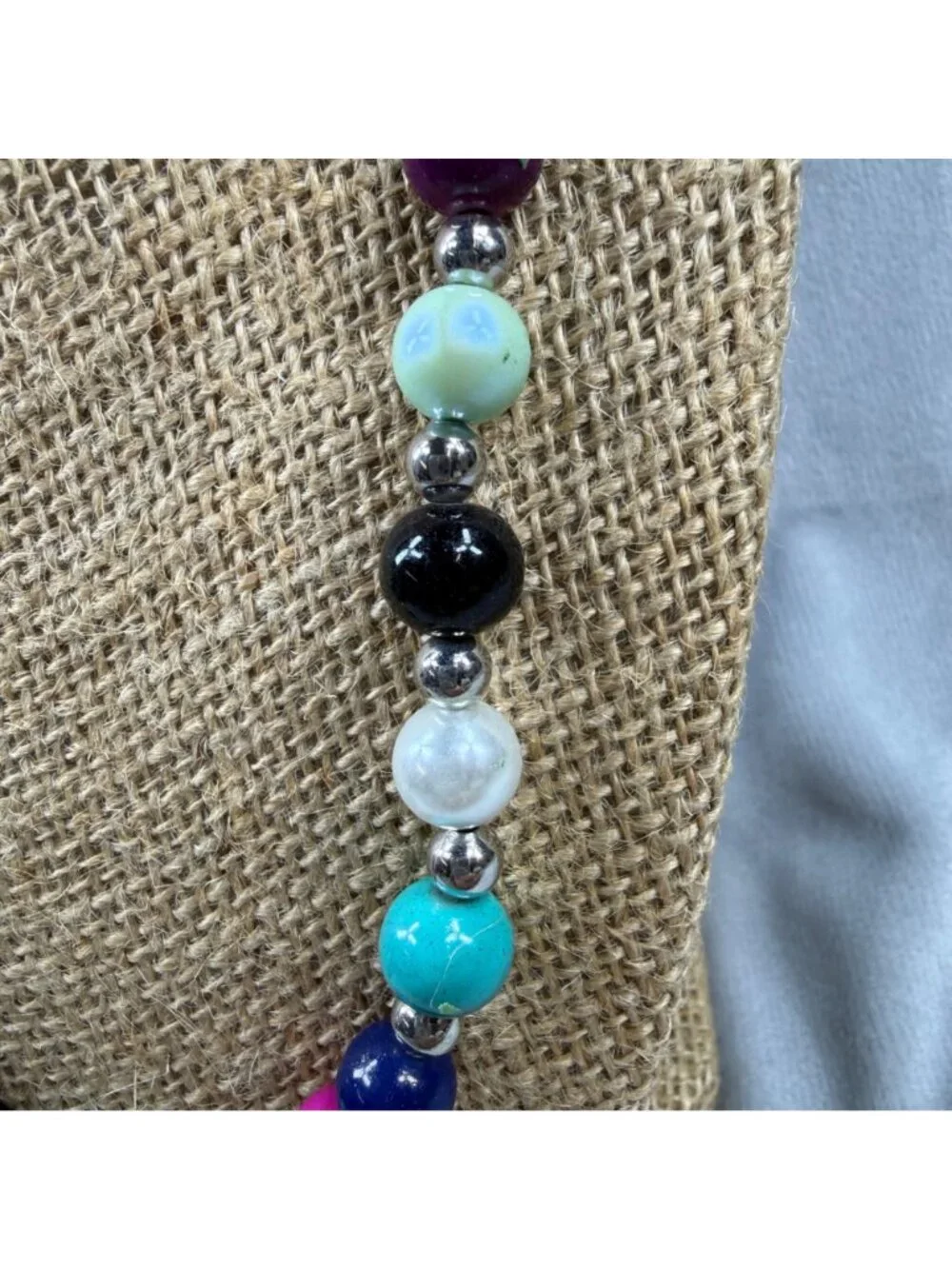 Multicolor Beaded Necklace Glossy Finish & Silver Accents 20 Inches Spring Clasp